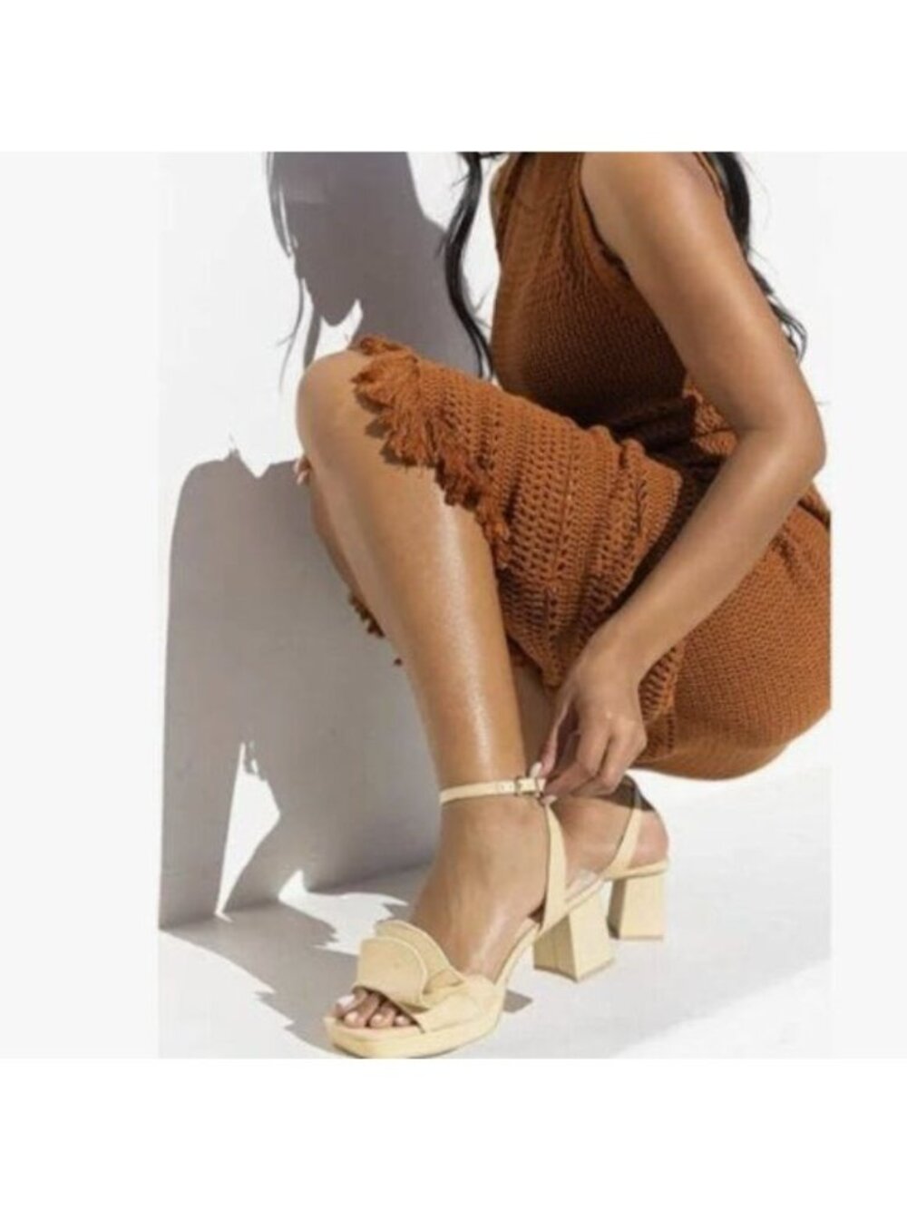 Pazzion Women Platform Square Toe Pleated Ruffle Sandals Chunky High Heels Nude